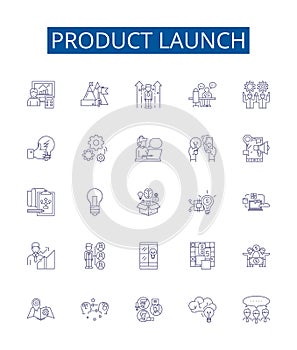 Product launch line icons signs set. Design collection of Launch, Product, Introduction, Rollout, Unveiling, Release