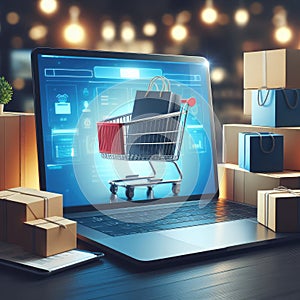 Product package boxes in cart with shopping bag and laptop computer with blurred web store shop.