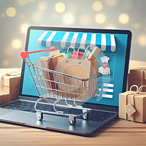 Product package boxes in cart with shopping bag and laptop computer with blurred web store shop.