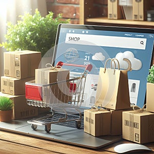 Product package boxes in cart with shopping bag and laptop computer with blurred web store shop.