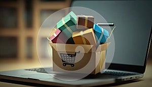 Product package boxes and shopping bag in trolley with laptop computer in pc