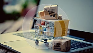Product package boxes and shopping bag in trolley with laptop computer in pc