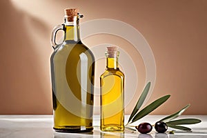 Product packaging mockup photo of bottle of olive oil, studio advertising photoshoot