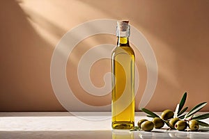 Product packaging mockup photo of bottle of olive oil, studio advertising photoshoot
