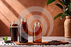 Product packaging mockup photo of cold brew coffee glass bottle, studio advertising photoshoot