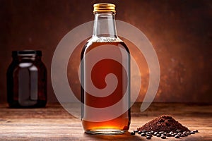 Product packaging mockup photo of cold brew coffee glass bottle, studio advertising photoshoot