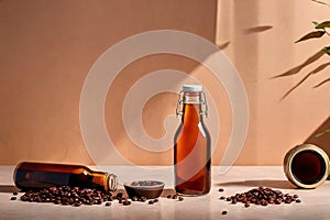 Product packaging mockup photo of cold brew coffee glass bottle, studio advertising photoshoot