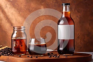 Product packaging mockup photo of cold brew coffee glass bottle, studio advertising photoshoot