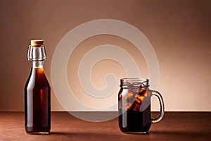 Product packaging mockup photo of cold brew coffee glass bottle, studio advertising photoshoot