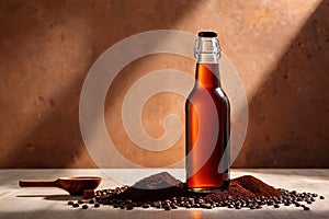 Product packaging mockup photo of cold brew coffee glass bottle, studio advertising photoshoot