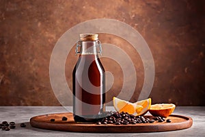 Product packaging mockup photo of cold brew coffee glass bottle, studio advertising photoshoot