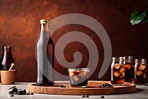 Product packaging mockup photo of cold brew coffee glass bottle, studio advertising photoshoot