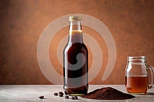 Product packaging mockup photo of cold brew coffee glass bottle, studio advertising photoshoot