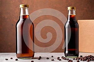 Product packaging mockup photo of cold brew coffee glass bottle, studio advertising photoshoot