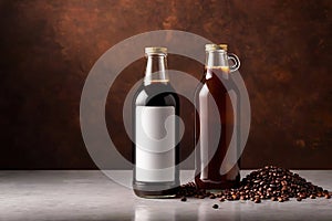 Product packaging mockup photo of cold brew coffee glass bottle, studio advertising photoshoot