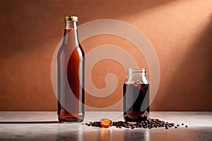 Product packaging mockup photo of cold brew coffee glass bottle, studio advertising photoshoot