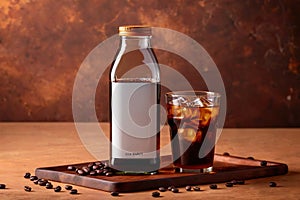 Product packaging mockup photo of cold brew coffee glass bottle, studio advertising photoshoot