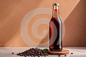 Product packaging mockup photo of cold brew coffee glass bottle, studio advertising photoshoot