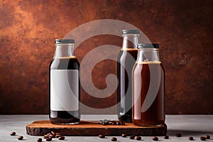 Product packaging mockup photo of cold brew coffee glass bottle, studio advertising photoshoot