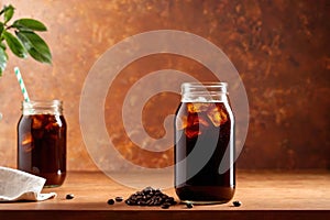 Product packaging mockup photo of cold brew coffee glass bottle, studio advertising photoshoot