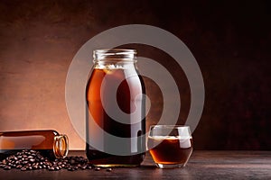 Product packaging mockup photo of cold brew coffee glass bottle, studio advertising photoshoot