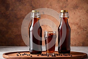 Product packaging mockup photo of cold brew coffee glass bottle, studio advertising photoshoot