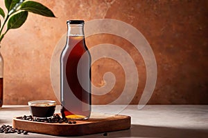 Product packaging mockup photo of cold brew coffee glass bottle, studio advertising photoshoot