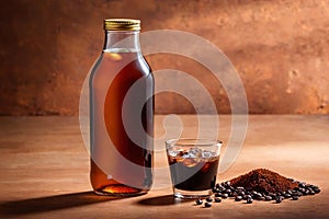 Product packaging mockup photo of cold brew coffee glass bottle, studio advertising photoshoot