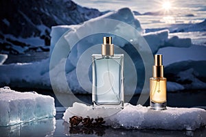 Product packaging mockup photo of Empty serum or perfume packaging in cold areas for product presentation on Arctic background,