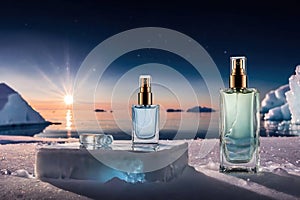 Product packaging mockup photo of Empty serum or perfume packaging in cold areas for product presentation on Arctic background,