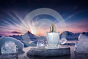 Product packaging mockup photo of Empty serum or perfume packaging in cold areas for product presentation on Arctic background,