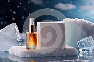 Product packaging mockup photo of Empty serum or perfume packaging in cold areas for product presentation on Arctic background,