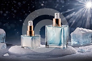 Product packaging mockup photo of Empty serum or perfume packaging in cold areas for product presentation on Arctic background,