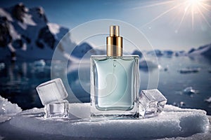 Product packaging mockup photo of Empty serum or perfume packaging in cold areas for product presentation on Arctic background,