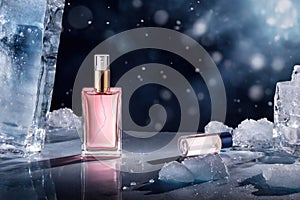 Product packaging mockup photo of Empty serum or perfume packaging in cold areas for product presentation on Arctic background,