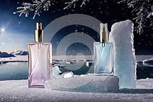 Product packaging mockup photo of Empty serum or perfume packaging in cold areas for product presentation on Arctic background,