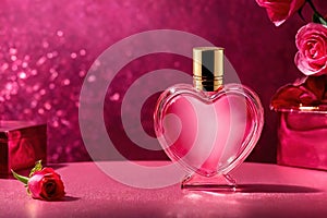 Product packaging mockup photo of Heart shaped bottle of perfume, studio advertising photoshoot