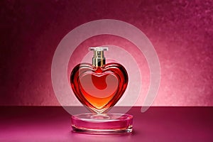 Product packaging mockup photo of Heart shaped bottle of perfume, studio advertising photoshoot