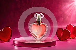 Product packaging mockup photo of Heart shaped bottle of perfume, studio advertising photoshoot