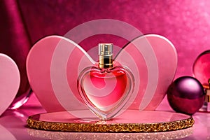 Product packaging mockup photo of Heart shaped bottle of perfume, studio advertising photoshoot