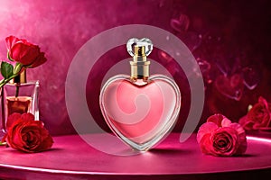 Product packaging mockup photo of Heart shaped bottle of perfume, studio advertising photoshoot