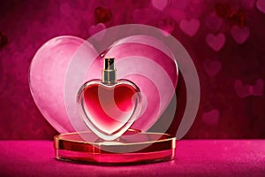 Product packaging mockup photo of Heart shaped bottle of perfume, studio advertising photoshoot