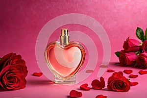Product packaging mockup photo of Heart shaped bottle of perfume, studio advertising photoshoot
