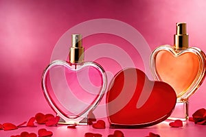 Product packaging mockup photo of Heart shaped bottle of perfume, studio advertising photoshoot