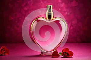 Product packaging mockup photo of Heart shaped bottle of perfume, studio advertising photoshoot