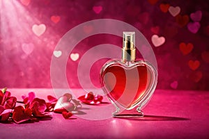 Product packaging mockup photo of Heart shaped bottle of perfume, studio advertising photoshoot