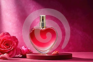 Product packaging mockup photo of Heart shaped bottle of perfume, studio advertising photoshoot