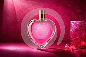 Product packaging mockup photo of Heart shaped bottle of perfume, studio advertising photoshoot