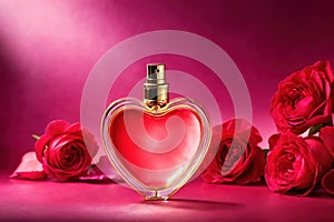 Product packaging mockup photo of Heart shaped bottle of perfume, studio advertising photoshoot