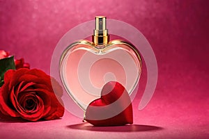 Product packaging mockup photo of Heart shaped bottle of perfume, studio advertising photoshoot